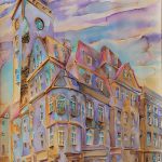 Joanna Rzeźnik - Ratusz o zachodzie słońca, cykl pejzaż miejski, akwarela, 25x35 cm, 2018 r