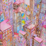 Joanna Rzeźnik - Zachód słońca dużych miast, Cykl Weduta, Powidoki, farby wodne ecoline, technika własna papier, 21 x 29,5 cm, 2019 r