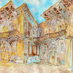 Joanna Rzeźnik Pamiątki secesji Cykl Weduta Pejzaż miejski Powidok tech. własna ecoline f. wodne 42 x 30 2019