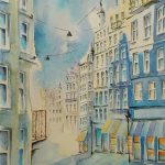 Joanna Rzeźnik - W kolorze nieba - Weduta - Pejzaż miejski - Powidok - Akwarela, tech własna, 18x24 cm, 2020 r