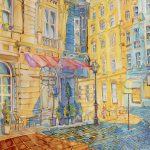 Joanna Rzeźnik, Lato - Między słońcem a cieniem, Cykl Weduta, Pejzaż miejski - Powidok, tech. własna, ecoline, akwarela, 30 x 40, 2019