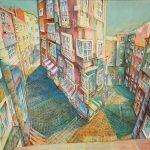 Joanna Rzeźnik - Miasto błękitnych okien - Cykl Weduta, Pejzaż miejski, powidok - Technika własna olej na płycie PCV, 69,8 x 100 cm, 2019 r