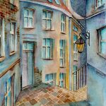 Joanna Rzeźnik - Nokturn - Ponad dachami - Cykl Weduta Pejzaż miejski Powidok - Akwarela, technika własna, ecoline 17,8 x 23,8 cm, 2020 r