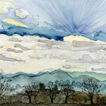 Joanna Rzeźnik - Widok - Przed zachodem słońca - Cykl Motyw światła w przyrodzie - Akwarela, technika własna, ecoline, 29,8 x 23,5 cm, 2020 r