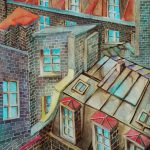 Joanna Rzeźnik - Widok z okna na miasto - Cykl Weduta, pejzaż miejski, Powidok - Tech własna, ecoline - 18 x 24 cm, 2020 r