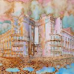 Joanna Rzeźnik Ostatnie promienie słońca Cykl Weduta Pejzaż miejski Powidok tech. własna ecoline f. wodne 42 x 30 2019