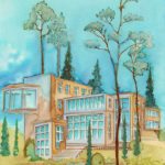 Joanna Rzeznik - Leśna szkoła Cykl Modernizm w architekturze - Akwarela ecoline, tech. własna, papier, 18 x 24 cm, 2021 r