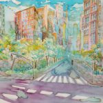 Joanna Rzeźnik - Letnie popołudnie Cykl Weduta Pejzaż miejski Powidok - Tech. własna, ecoline, akwarela, 30 x 40 cm, 2019 r