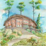 Joanna Rzeznik - Na szlaku Cykl Modernism w architekturze - Akwarela, papier, tech. własna, 18 x 24 cm, 2020 r