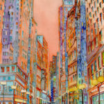 Joanna Rzeźnik - Bezchmurny dzień, Cykl Weduta Pejzaż miejski Powidok - Tech. własna, akwarela, 21 x 29,5 cm, 2018 r.