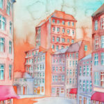 Joanna Rzeźnik - Dzień w kolorze Pomarańczy, Cykl Weduta pejzaż miejski Powidok - Akwarela, tech. własna, ecoline, 24 x 32 cm, 2021 r.