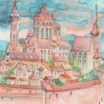 Joanna Rzeźnik - Dzień w starym mieście, Cykl Weduta - Ecoline, tech. własna, akwarela, 20 x 25 cm, 2021 r.