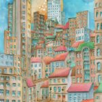 Joanna Rzeźnik - Jasna noc - Metropolis, Cykl Weduta pejzaż miejski Powidok - Akwarela, ecoline, tech. wlasna, 21 x 29,5 cm, 2021 r.