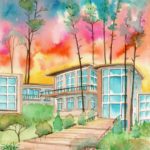 Joanna Rzeźnik - Letnie poranki, cykl modernizm w architekturze - Akwarela, ecoline, tech. wlasna, 18 x 24 cm, 2020 r.