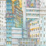 Joanna Rzeźnik Metropolis kadr1 akwarela ecoline tech. własna Cykl Weduta Pejzaż miejski Powidok 20,5 x 29,5 cm, 2021 r.