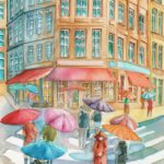 Joanna Rzeźnik - Ostatnie krople deszczu, Metropolis Cykl Weduta pejzaż miejski Powidok - Akwarela, ecoline, tech. wlasna, 23,5 x 29,5 cm, 2021 r.