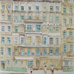 Joanna Rzeźnik Popołudniowe spacery uliczkami miast Cykl Weduta pejzaz miejski powidok, akwarela, Ecoline tech własna papier 34,5 49,5 cm, 2021 r.