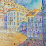 Joanna Rzeźnik Upalne wieczory w barwch zachodu słońca Cykl Weduta Pejzaż miejski Powidok akwarela Ecoline tech własna papier 34,5 53 cm, 2021 r.