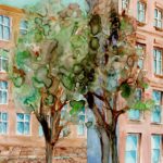 Joanna Rzeźnik - W cieniu drzew, Cykl weduta pejzaz miejski powidok - Akwarela, ecoline, tech. własna, 25 x 37 cm, 2020 r.