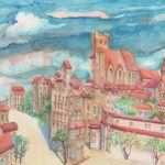 Joanna Rzeźnik - Widok na stare miasto, Cykl Weduta Pejzaż miejski Powidok - Akwarela, techmika własna, ecoline, 28 x 25 cm, 2021 r.