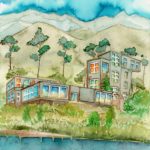 Joanna Rzeźnik - Z widokiem na góry, Cykl Modernism w architekturze - Akwarela, papier, tech. własna, 18 x 24 cm, 2020 r.