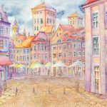 Joanna Rzeźnik - Barwne miasto o zachodzie słońca - Cykl Weduta, Pejzaż miejski, Powidok, akwarela, tech. własna, papier, 31,8 x 23,8 cm, 2021 r