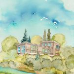 Joanna Rzeźnik - Dom nad rzeką - Cykl Modernism w architekturze, akwarela, papier, tech. własna, 18 x 24 cm, 2020 r