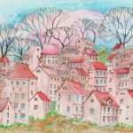 Joanna Rzeźnik - Gdy różowo zaczyna się dzień - Cykl Weduta, Pejzaż miejski, Powidok, akwarela, tech. własna, ecoline, 25 x 22 cm, 2021 r