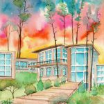 Joanna Rzeźnik - Letnie poranki - Cykl modernizm w architekturze, akwarela, ecoline, tech. wlasna, 18 x 24 cm, 2020 r