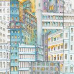 Joanna Rzeźnik - Metropolis kadr 1 - Cykl Weduta, Pejzaż miejski, Powidok, akwarela, ecoline, tech. własna, 20,5 x 29,5 cm, 2021 r