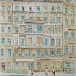 Joanna Rzeźnik - Popołudniowe spacery uliczkami miast - Cykl Weduta, Pejzaż miejski, Powidok, akwarela, ecoline, tech. własna, papier, 34,5 49,5 cm, 2021 r