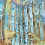 Joanna Rzeźnik - Senne miasto blekitnych motyli - Cykl Basniowe sświaty, akwarela, papier 300m2g, 29,5 x 42 cm, 2021 r