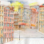 Joanna Rzeźnik - Stare Miasto, kadr1 - Cykl Weduta, Pejzaż miejski, Powidok, akwarela, ecoline, tech. własna, 29,5 x 20,5 cm, 2021 r