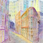 Joanna Rzeźnik - Światło między wieżowcami - Cykl Weduta, Pejzaż miejski, Powidok, akwarela, tech. własna, papier, 24 x 32 cm, 2021 r