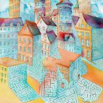 Joanna Rzeźnik - W labiryncie, Miasto - Cykl Weduta, Pejzaż miejski, Powidok, akwarela, papier, 30 x 40 cm, 2020 r