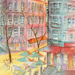 Joanna Rzeźnik - W promieniach zachodu słońca - Cykl Weduta, Pejzaż, miejski, Powidok, akwarela, tech. własna, ecoline, 23,5 x 29,5 cm, 2021 r