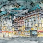 Joanna Rzeźnik - Coraz chłodniejsze noce. Seria - 9 - 12 - Paryż - Cykl Weduta, Pejzaż miejski, Powidok, akwarela, papier, 32 x 24 cm, 2022