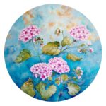 Joanna Rzeznik - Kwitnące pąki pelargonii - Cykl Motyw natury, olej na płótnie, koło średnica 60 cm, 2022