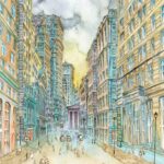 Joanna Rzeźnik - Lśniąc w złotych promieniach - Cykl Weduta, Pejzaż miejski, Powidok, akwarela, papier 250gm2, 24 x 32 cm, 2022 r