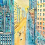 Joanna Rzeznik - Nowy dzień - Cykl Weduta, Pejaż miejski, Powidok, akwarela, tech własna, 30 x 24, 2022