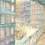 Joanna Rzeznik - Obserwując kolory zachodu słońca - Cykl Weduta, Pejzaż miejski, Powidok, akwarela, ecoline, tech. własna, papier 250 g.m2, 32 x 24, 2022