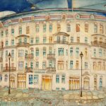 Joanna Rzeźnik - Secesyjna kamienica w blasku świateł nocy - Cykl Weduta, Pejzaż miejski, Powidok, Seria Magia Świateł, akwarela, papier 300g2m, 29,8 x 21 cm, 2022 r