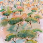 Joanna Rzeznik - Światło w kolorze pomarańczy Cykl Weduta Pejzaż miejski Powidok - akwarela, tech. własna, 18 x 24 cm, 2020 r