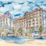 Joanna Rzeźnik - Upalne letnie dni. Seria 8 -12 - Paryż - Cykl Weduta, Pejzaż miejski, Powidok, akwarela, papier, 32 x 24 cm, 2022