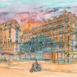 Joanna Rzeźnik - Upalny wieczor w blasku zachodu słońca. Seria 7-12 - Paryż - Cykl Weduta, Pejzaż miejski, Powidok, akwarela, papier, 32 x 24 cm, 2022.jpg