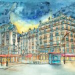 Joanna Rzeźnik - W blasku świateł nocy. Seria 3-12 - Paryż - Cykl Weduta, Pejzaż miejski, Powidok, akwarela, papier, 32 x 24 cm, 2022