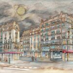 Joanna Rzeźnik - W mglistym nastroju. Seria 4 -12 - Paryż - Cykl Weduta, Pejzaż miejski, Powidok, akwarela, papier, 32 x 24 cm, 2022