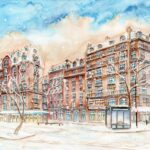 Joanna Rzeźnik - Zaśnieżone poranki. Seria 11-12 - Paryż - Cykl Weduta, Pejzaż miejski, Powidok, akwarela, papier, 32 x 24 cm, 2022
