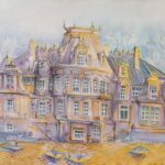 Joanna Rzeźnik - Zimowa aura - Cykl Weduta, Pejzaż miejski, Powidok, tech. własna, akwarela, eoline, 40 x 30 cm, 2019 r