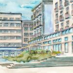 Joanna Rzeźnik - Dzień pełen słońca - Cykl Weduta, Pejzaż miejski, Powidok, akwarela, papier 200g2m, 32 x 24 cm, 2022 r